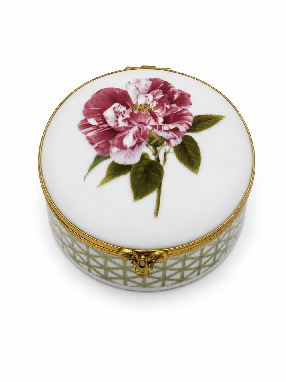 Porcelaine De Paris Limoges Rosa Mundi Floral Ceramic Trinket Box 3" x 3"